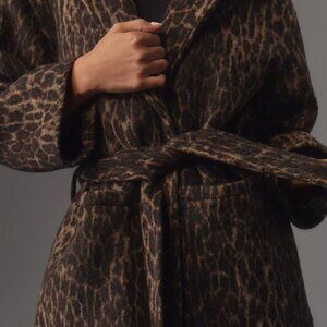 Anthropologie Long Printed Tie-Front Coat, Leopard, Size 10